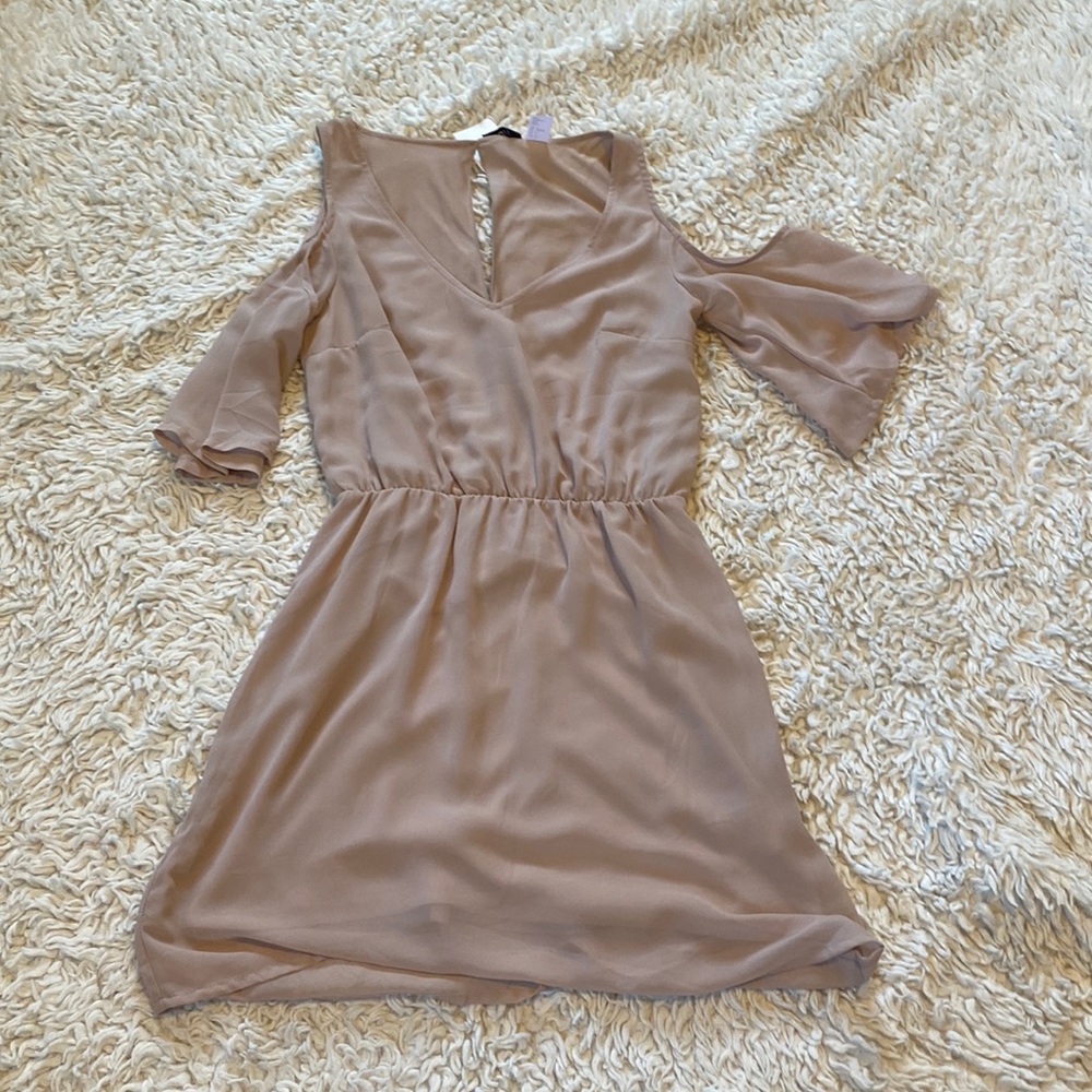 Beige cocktail dress cut out flutter sleeve